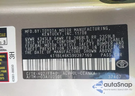 2009 Toyota Camry Le z USA, uszkodzony, nr VIN 4T1BE46K59U387169